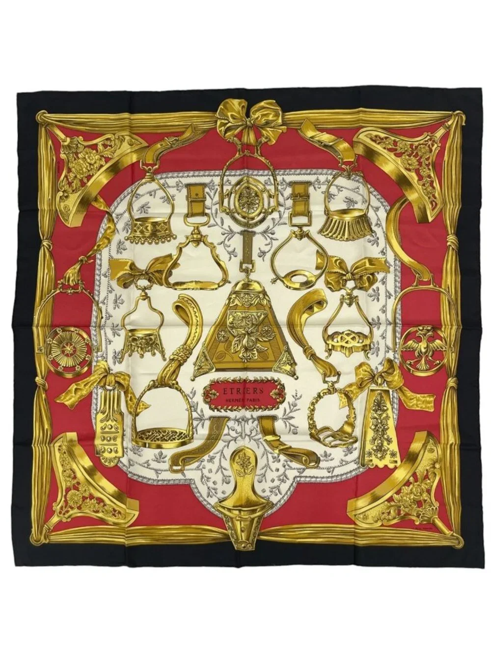 Hermes Carre 90 Etriers Scarf Armor Pattern Horse Harness Silk Black Multicolor